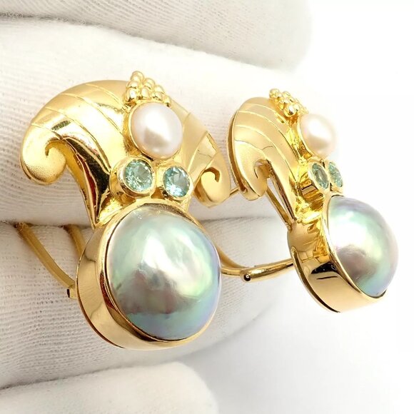 Rare! Vintage Paula Crevoshay 18k Gold Abalone Pearl Blue Gemstone Earrings OOAK - Picture 3 of 15